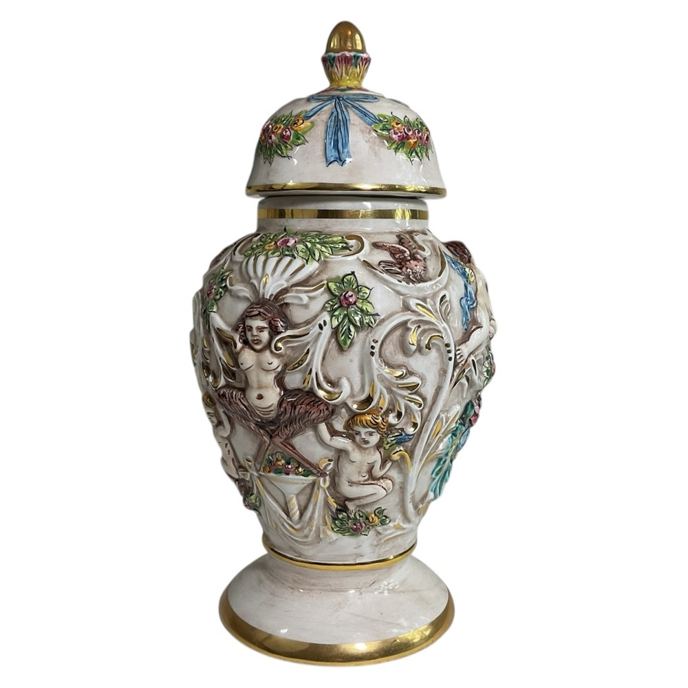 Vintage Capodimonte 3D Figural Cherubs With Flowers Lidded Ginger Jar Urn Italy - Picture 3 of 12